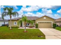 Charming one-story home with a well-manicured lawn and inviting curb appeal, accentuated by two palm trees at 55 Altera Ct, Kissimmee, FL 34758
