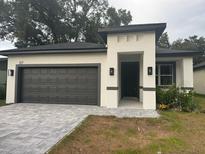 Charming single-story home with a gray brick driveway, two-car garage, and modern architecture at 317 Mandrake St, Orlando, FL 32811