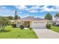 Charming yellow single-story home featuring a well-maintained lawn and a two-car garage at 1406 Sean Ct, St Cloud, FL 34772