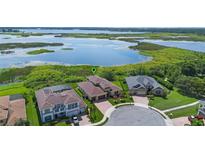 Stunning aerial view of waterfront homes in a cul-de-sac neighborhood with lush greenery and lake views at 15344 Johns Lake Pointe Blvd, Winter Garden, FL 34787