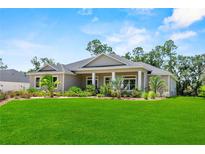 Beautifully landscaped one story home with a sprawling green lawn and mature trees on a sunny day at 1536 Pine Island Rd, Kissimmee, FL 34744