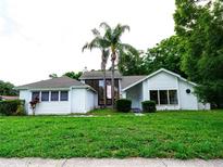 Charming white home featuring lush green lawn, mature palm trees, and unique architectural details at 5607 Spring Run Ave, Orlando, FL 32819