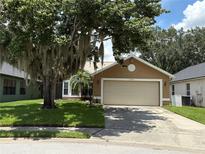 Charming single-Gathering home features a well-maintained lawn and a two-car garage, complemented by mature landscaping at 13027 Desert Forest Ct, Orlando, FL 32828