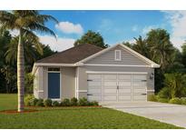 Charming one-story home featuring a two-car garage, manicured lawn, and a blue front door at 5601 Brook Ln, Haines City, FL 33844