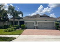 Charming single-story home with a two-car garage, landscaped yard, and a brick driveway at 31961 Redtail Reserve Blvd, Sorrento, FL 32776