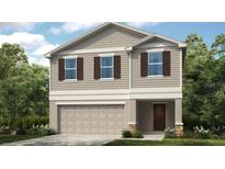 Charming two-story home featuring neutral siding, a two-car garage, and decorative shutters at 619 Wayland Dr, Haines City, FL 33844