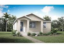 Charming single-story home with a blue front door, well-manicured lawn, and tropical landscaping at 528 Green Tracker Ave, Clermont, FL 34715