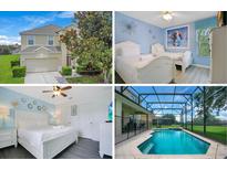 Collage showcases the home's exterior, bedrooms, and a private screened-in pool area at 2669 Manesty Ln, Kissimmee, FL 34747