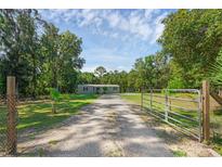 Gated property with a long gravel driveway leading to a charming single-story home surrounded by mature trees at 18166 Lynbrook Rd, Orlando, FL 32820