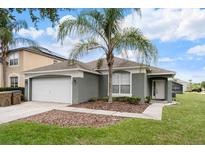 Charming single-story home with a well-manicured lawn and a beautiful palm tree in the front yard at 150 Barefoot Beach Way, Kissimmee, FL 34746