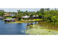 Expansive waterfront property featuring a private boat house and lush landscaping at 10300 Pocket Ln, Orlando, FL 32836