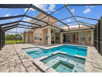 Screened-in pool features a connected spa and lush greenery at 3816 Eagle Isle Cir, Kissimmee, FL 34746