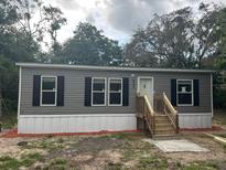 Charming single-story home with gray siding, black shutters, and a welcoming front porch and steps at 45814 Lake St, Paisley, FL 32767