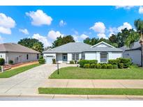 Charming single-story home featuring a well-manicured lawn, paver driveway, and light blue exterior at 25105 Laurel Valley Rd, Leesburg, FL 34748