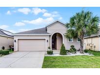 Charming one-story home featuring a two-car garage and a lush green lawn with tropical landscaping at 654 Star Magnolia Dr, Kissimmee, FL 34744