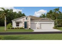 Charming single-Gathering home featuring a stone facade, two-car garage, and manicured lawn at 2931 Believe In Yourself Ct, Clermont, FL 34714