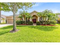 Landscaped front yard with palm trees leading to a charming single-story home with a two-car garage at 315 Belhaven Falls Dr, Ocoee, FL 34761