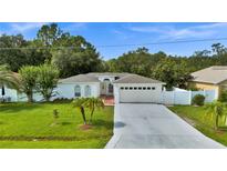 Charming single story home with lush lawn, mature landscaping, and a paved driveway leading to a two-car garage at 443 Magpie Ct, Poinciana, FL 34759