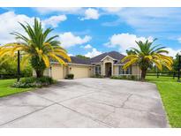 Inviting home featuring a well-manicured lawn, mature palm trees, and a spacious driveway leading to a three-car garage at 20603 Paddock St, Orlando, FL 32833