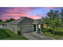 Charming single-story home featuring a two-car garage, manicured lawn, and lovely landscaping at 264 Milestone Dr, Haines City, FL 33844