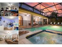 A gorgeous private pool and hot tub are surrounded by lounge chairs at 1452 Moon Valley Dr, Davenport, FL 33896