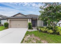 Charming single-story home featuring a two-car garage and beautifully landscaped front yard with flowering tree at 340 Pheasant Dr, Haines City, FL 33844