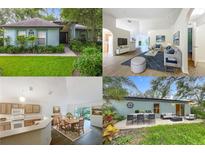 Charming blue home with well-maintained landscaping, complemented by views of the living spaces and patio at 2353 Kingscrest Cir, Apopka, FL 32712
