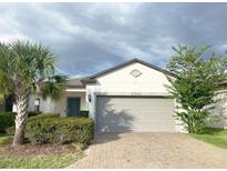 Charming single-story home featuring a well-maintained lawn and attached two-car garage with a brick-paved driveway at 17504 Butterfly Pea Ct, Clermont, FL 34714