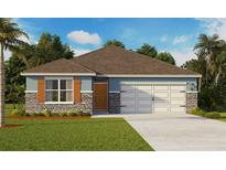 Charming single-story home with stone accents, light blue siding, and a well-manicured lawn at 33644 Seattle Slew Dr, Sorrento, FL 32776