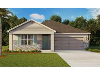 Charming single-Gathering home boasts stone accents, a two-car garage, and a well-manicured lawn at 33668 Seattle Slew Dr, Sorrento, FL 32776