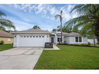 Charming single-story home with a two-car garage, well-manicured lawn, and tropical landscaping at 705 Sunburst Cove Ln, Winter Garden, FL 34787