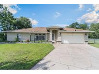 Charming single-story home with a well-manicured lawn and attached two-car garage at 929 Louvre Ct, Kissimmee, FL 34759