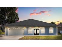 Charming single-story home showcasing a well-maintained lawn, two car garage and inviting arched windows at 13848 Vista Del Lago Blvd, Clermont, FL 34711