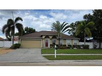 Charming single-story home featuring a two-car garage, well-manicured lawn, and beautiful palm trees in front yard at 4905 Newton Ct, St Cloud, FL 34771