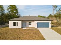 Charming single-story home featuring a blue garage door, complemented by a well-manicured lawn and a concrete driveway at 709 Marion Oaks Mnr, Ocala, FL 34473