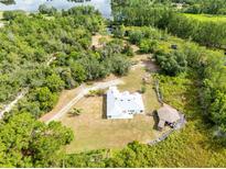 Breathtaking aerial view of property, featuring lake access, and outdoor entertainment area with wooden walkway at 538 Murray St, Osteen, FL 32764
