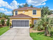 Inviting two-story home featuring a well-manicured lawn, grey garage door, and lush landscaping at 12347 Ne 52Nd Loop, Oxford, FL 34484