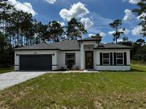 Beautiful single-story home with a gray driveway, black trim, and a well-manicured lawn at 5119 Sw 165Th Pl, Ocala, FL 34473