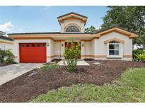 Charming single-Gathering home with a well-manicured lawn, and a vibrant red garage door, offering an inviting curb appeal at 8801 Crayson Ct, Kissimmee, FL 34747