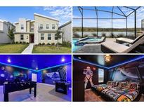 A collage of the home's exterior, pool with lake view, and two themed rooms with vibrant lighting at 4185 Paragraph Dr, Kissimmee, FL 34746