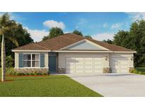 Inviting single-story home featuring stone accents, a three-car garage, manicured lawn, and neutral color palette at 1359 Scarlett Sage Ln, Sanford, FL 32773