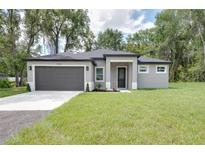 Charming one-story home featuring a gray exterior, dark roof, well-manicured lawn and two car garage at 1868 14Th St, Orange City, FL 32763