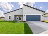 Charming single-Gathering home featuring a blue garage door, lush lawn, and modern architectural details at 16057 Sw 17Th Ave, Ocala, FL 34473