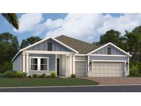 Charming single-story home with a three-car garage, landscaped yard, and blue and white exterior paint at 2287 Rider Rain Ln, Apopka, FL 32703