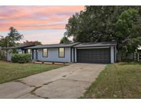 Charming single-story home featuring a two-car garage and a well-manicured lawn and landscape at 18015 Beach St, Umatilla, FL 32784