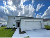 Two story home featuring a two-car garage, neutral paint scheme, and manicured landscaping at 228 Aquamarine Ln, Kissimmee, FL 34758