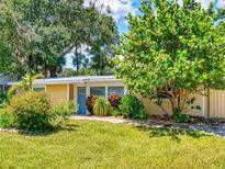 Charming home with a lush green lawn, mature landscaping, and a welcoming blue front door at 706 Lynn Ave, New Smyrna Beach, FL 32168