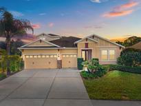 Beautiful single-story home with a well-manicured lawn, lush landscaping, and a three car garage at 30120 Hackney Loop, Mount Dora, FL 32757