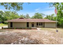 Ranch-style house with lovely flowerbeds near the house and an American flag in the front yard at 8975 Sw 202Nd Avenue Rd, Dunnellon, FL 34431