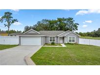 Charming single-story home with gray exterior, attached garage, and well-maintained green lawn at 253 Locust Pass Loop, Ocala, FL 34472